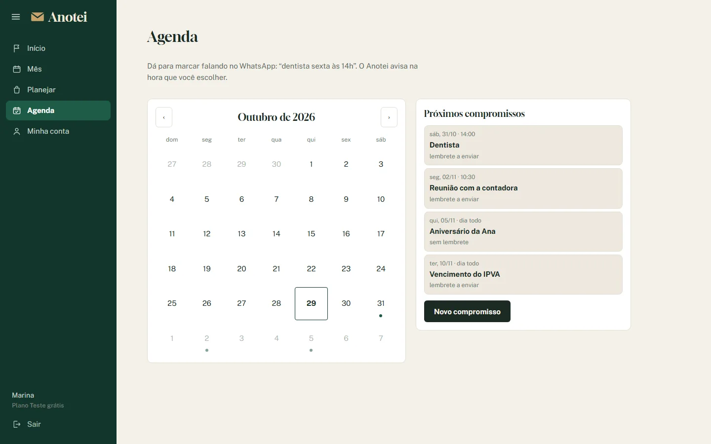Tela Agenda do painel: o calendário de outubro com os dias marcados e a lista dos próximos compromissos.