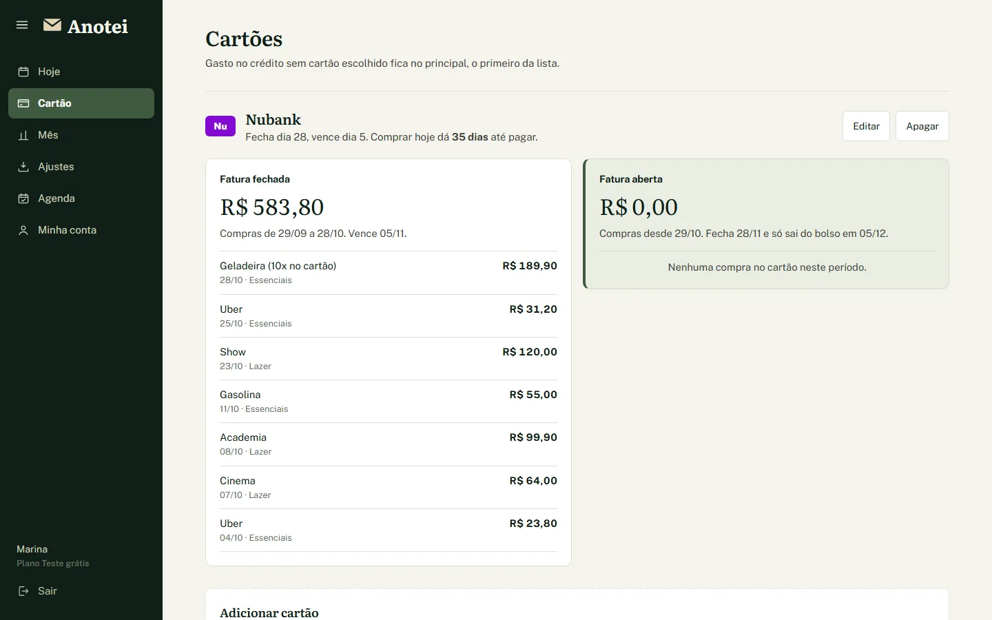 Tela Cartões do painel: o cartão Nubank com a fatura fechada e a aberta, e as compras de cada uma